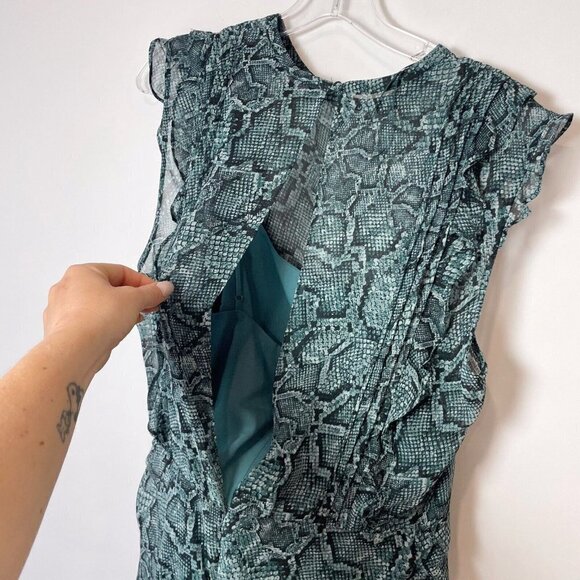 1. State Sleeveless Snake Print Ruched Ruffle Mini Dress Blue 12 Keyhole Back - Picture 6 of 11